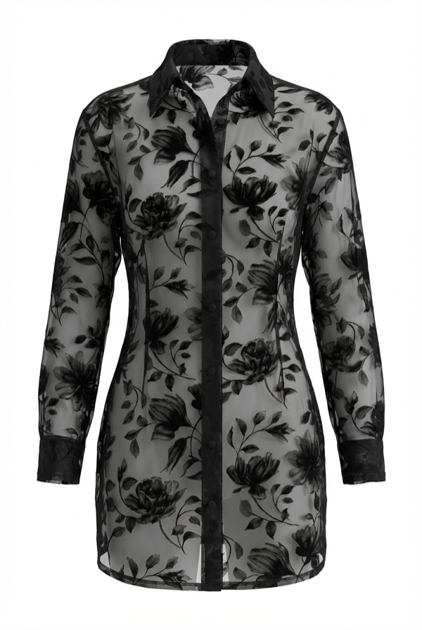 Sheer Floral Long Shirt in Black